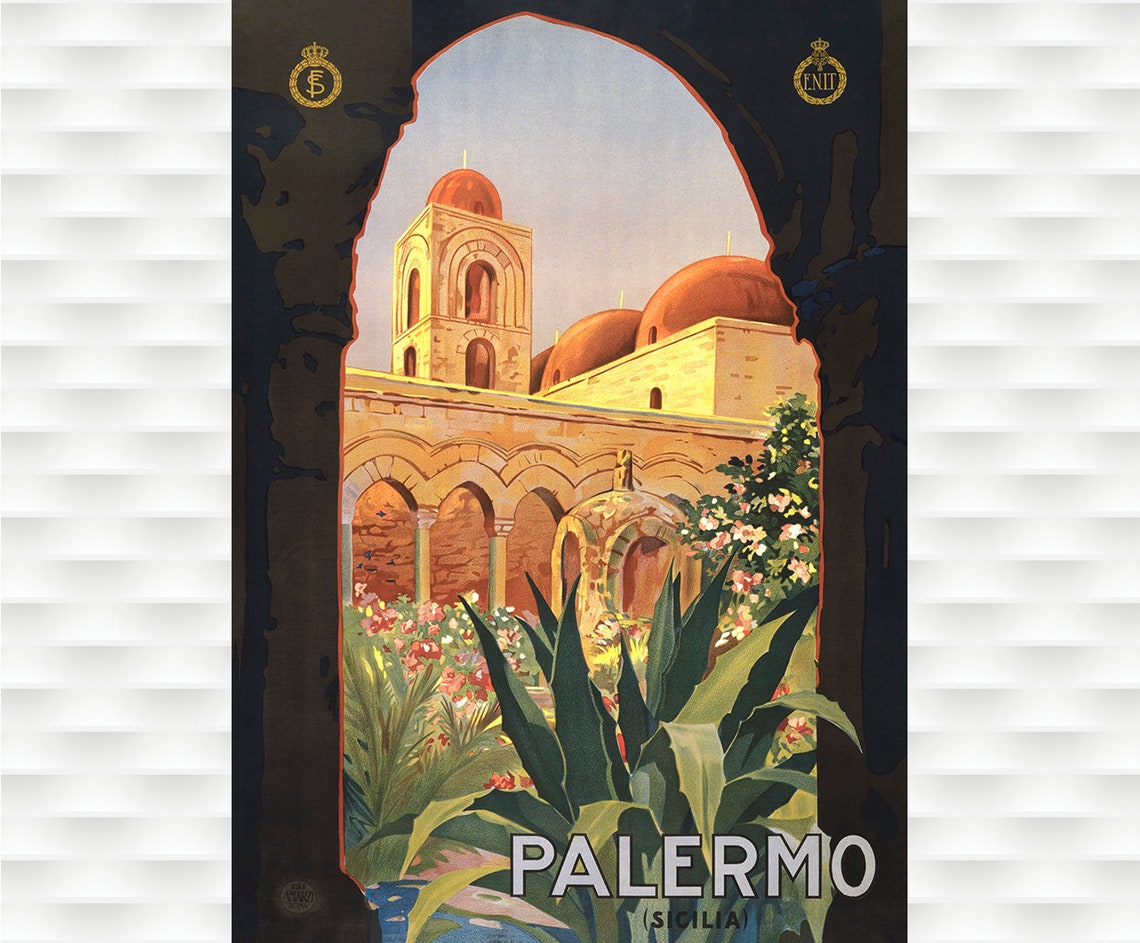 Palermo Sicilia San Giovanni Eremiti Domes Vintage Travel Poster
