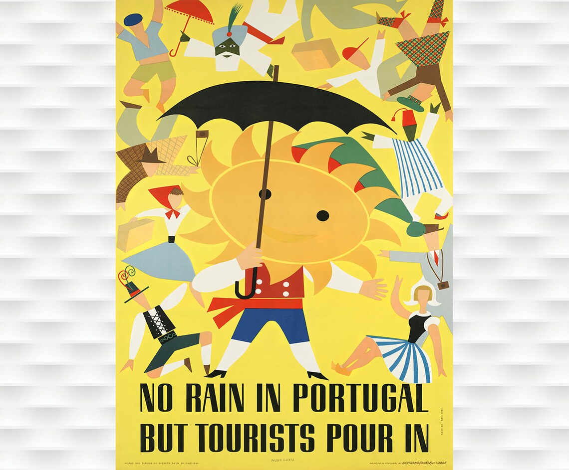 No Rain In Portugal Sun Umbrella Tourists Vintage Travel Poster