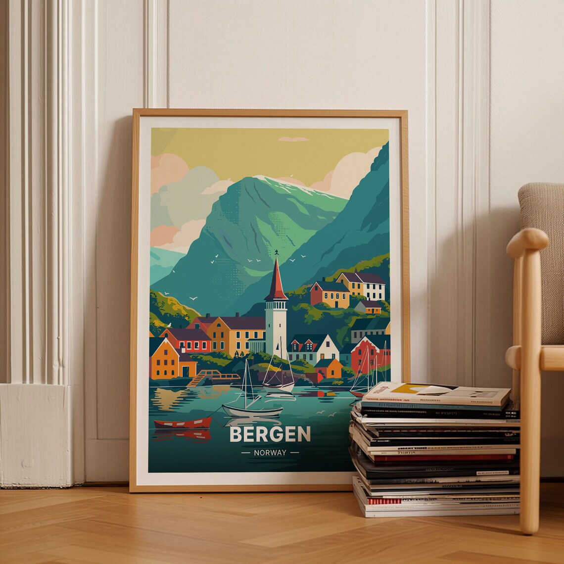 Bergen Norway Travel Poster, Scandinavian Art Print