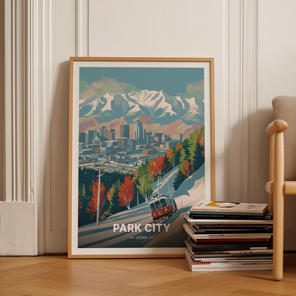 Park City Utah Ski Town Red Gondola Snowy Mountain Retro Travel Poster