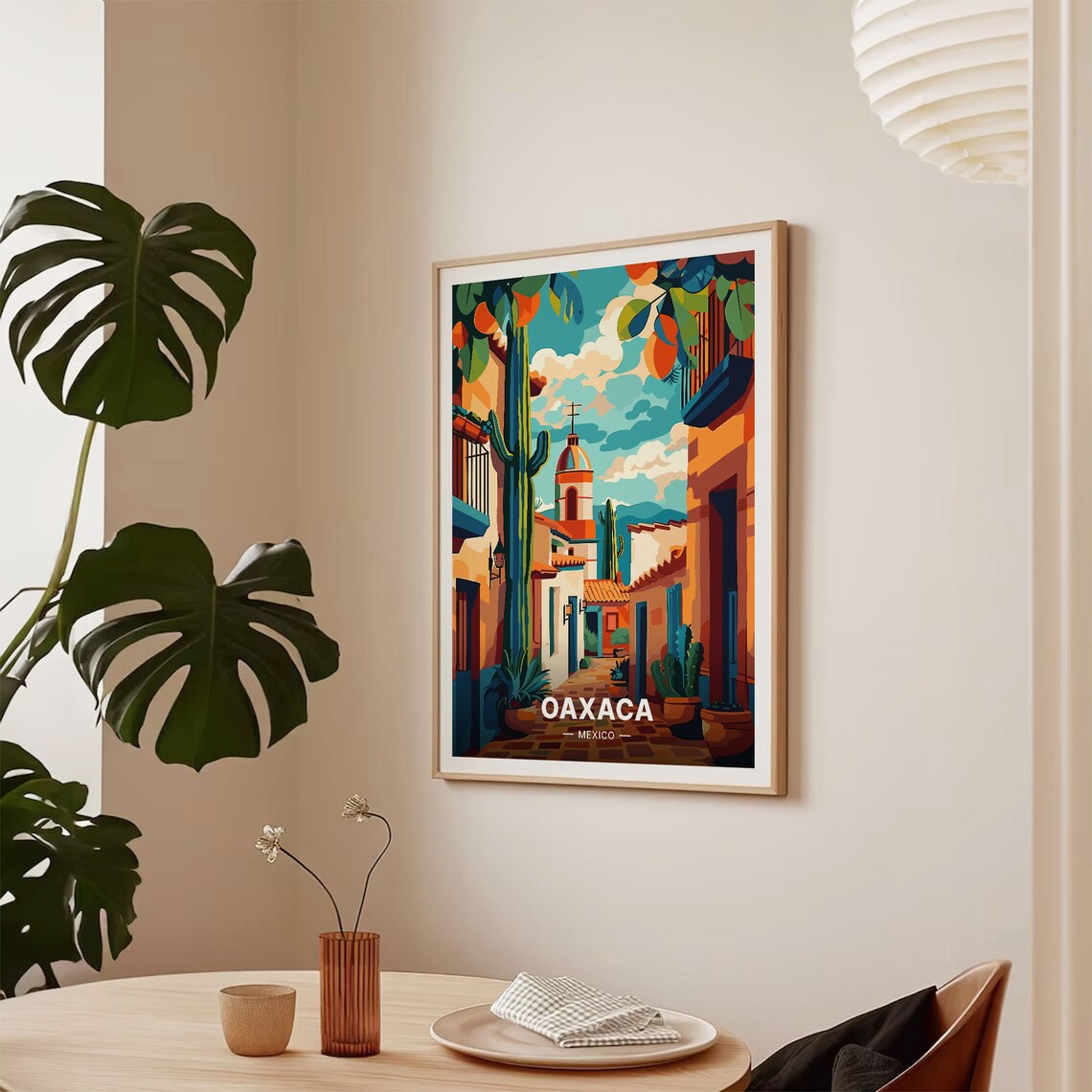 Oaxaca Mexico Poster Colorful Street Cacti Church Tower Festive Art - Image 2