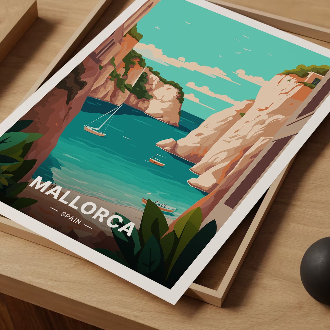 Mallorca Spain Travel Poster Turquoise Cove Cliffs Sailboats Art - Image 3