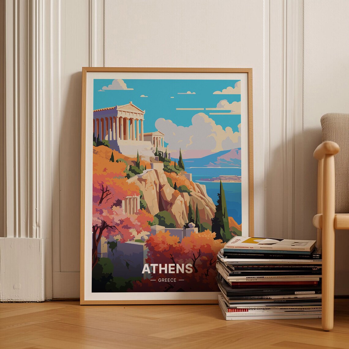 Athens Acropolis Travel Poster, Mid-Century Modern