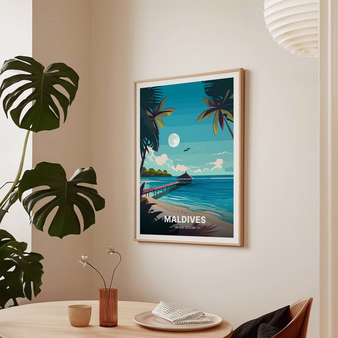 Maldives Indian Ocean Moonlit Beach Pier Palms Tropical Travel Poster - Image 2