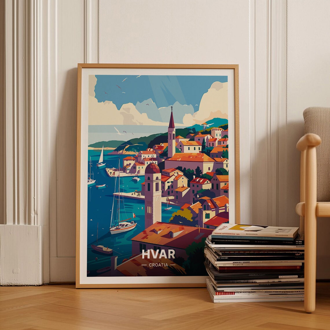 Hvar Croatia Old Town Harbour Sailing Boats Evening Travel Poster