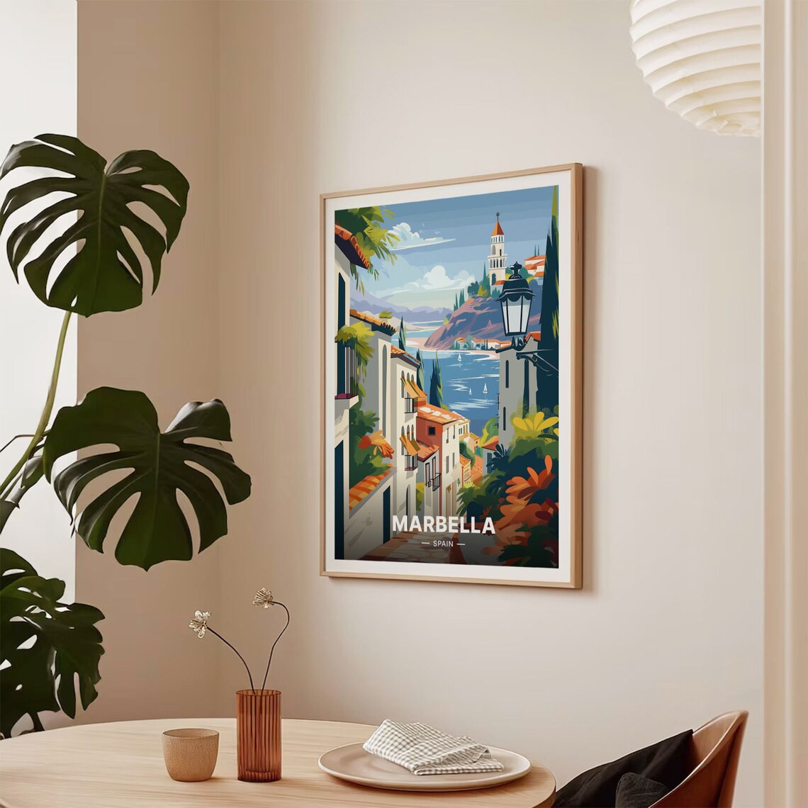 Marbella Spain Sunlit Old Town Church Tower Bay View Travel Poster - Image 2