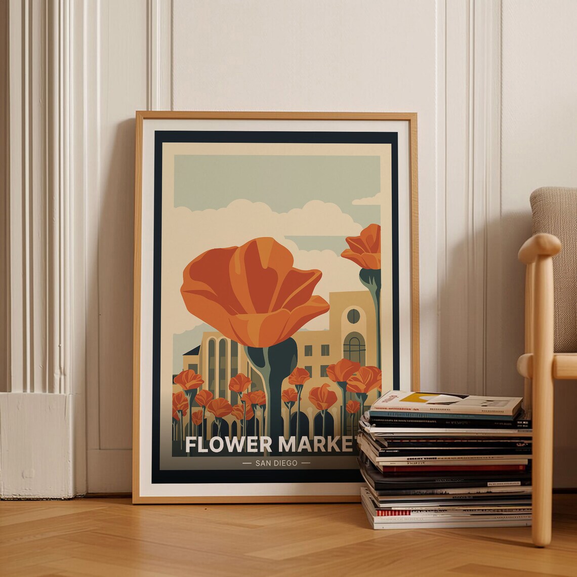San Diego Flower Market Orange Poppies Building Travel Poster