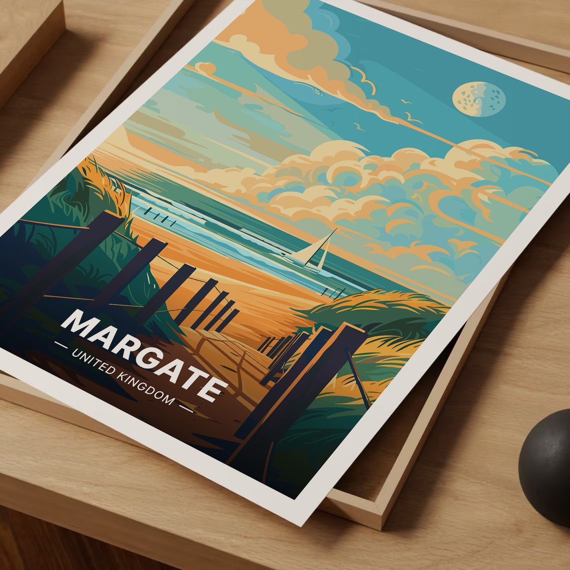 Margate United Kingdom Moonlit Beach Dune Path Sailboat Poster - Image 3