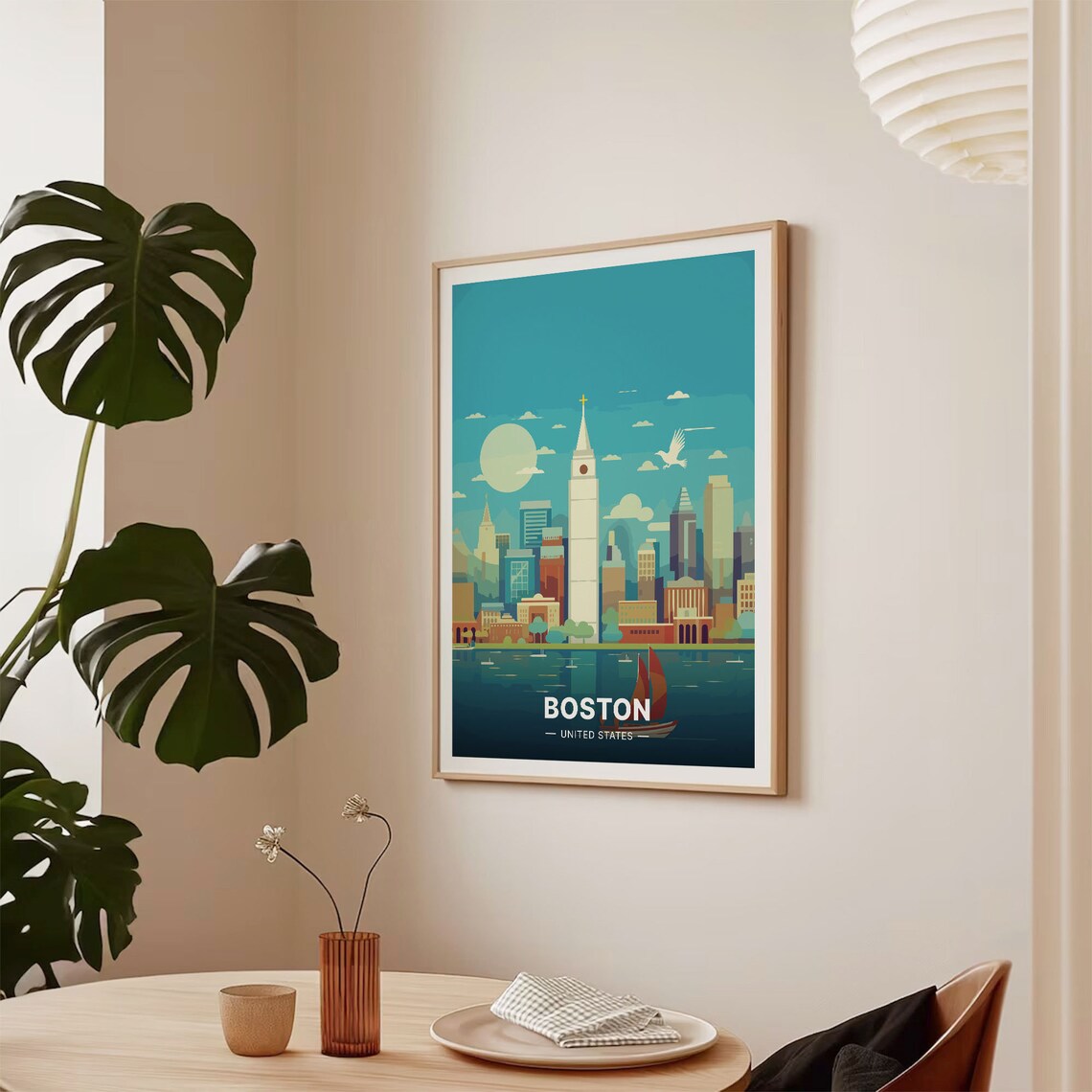 Boston United States Harbor Skyline Sailboat Moon Vintage Travel Poster - Image 2