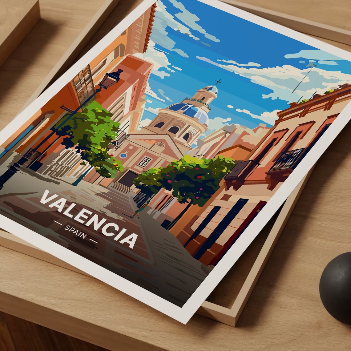 Valencia Spain Poster Old Town Street Domed Church Cityscape Art - Image 3