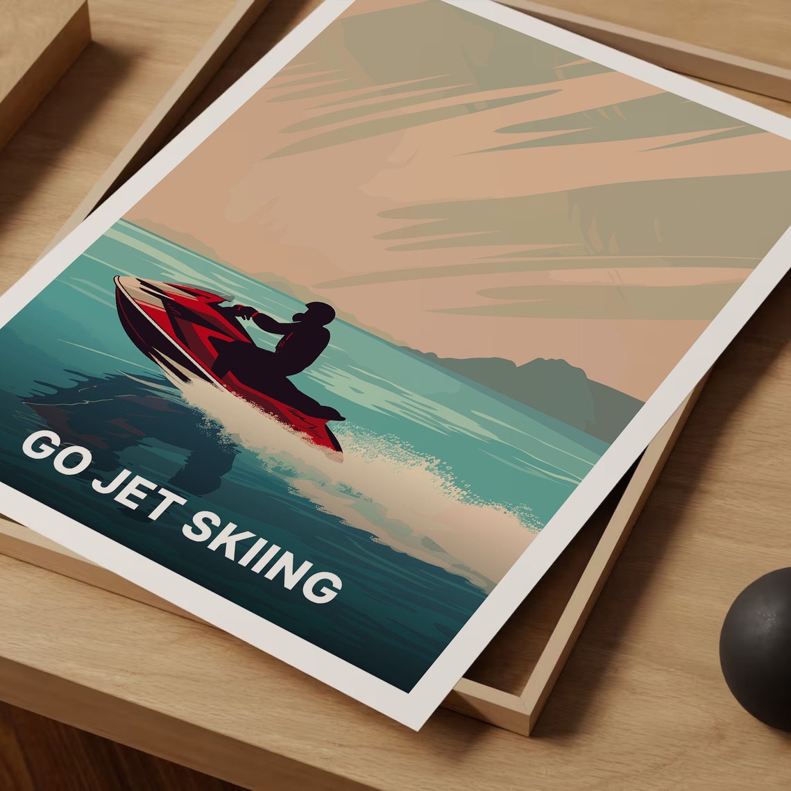 Go Jet Skiing Poster Red Jet Ski Rider Sunset Waves Retro Sport Art - Image 3
