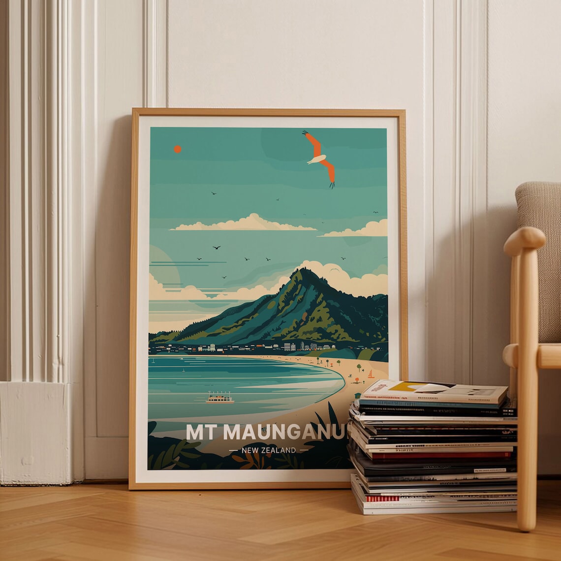 Mt Maunganui New Zealand Vintage Travel Poster Beach Mountain Art