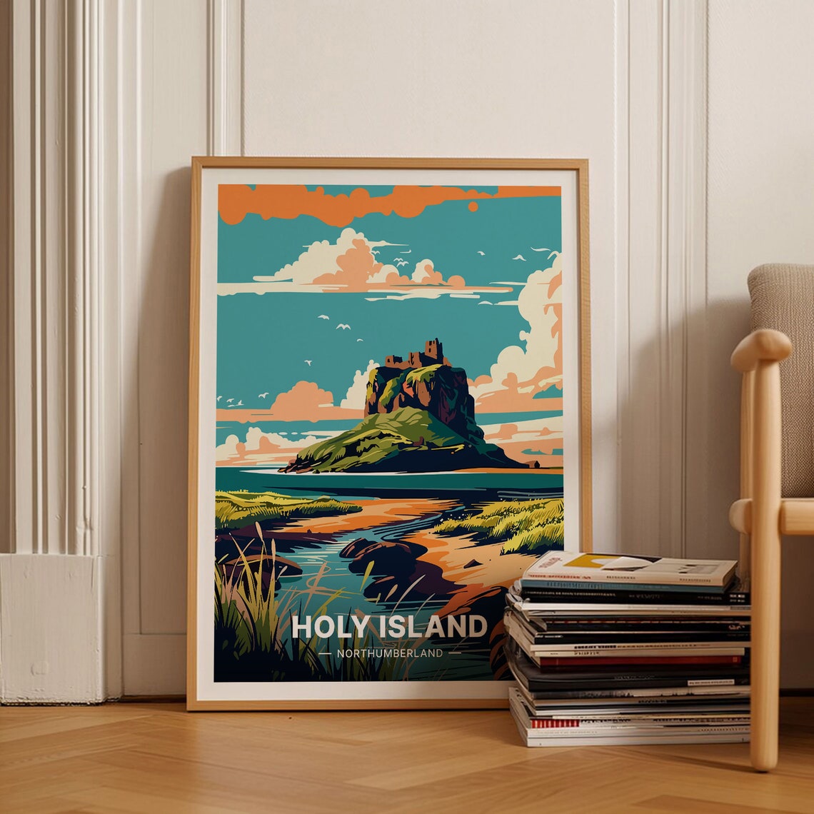 Holy Island Northumberland Castle Tidal Coast Vintage Travel Poster