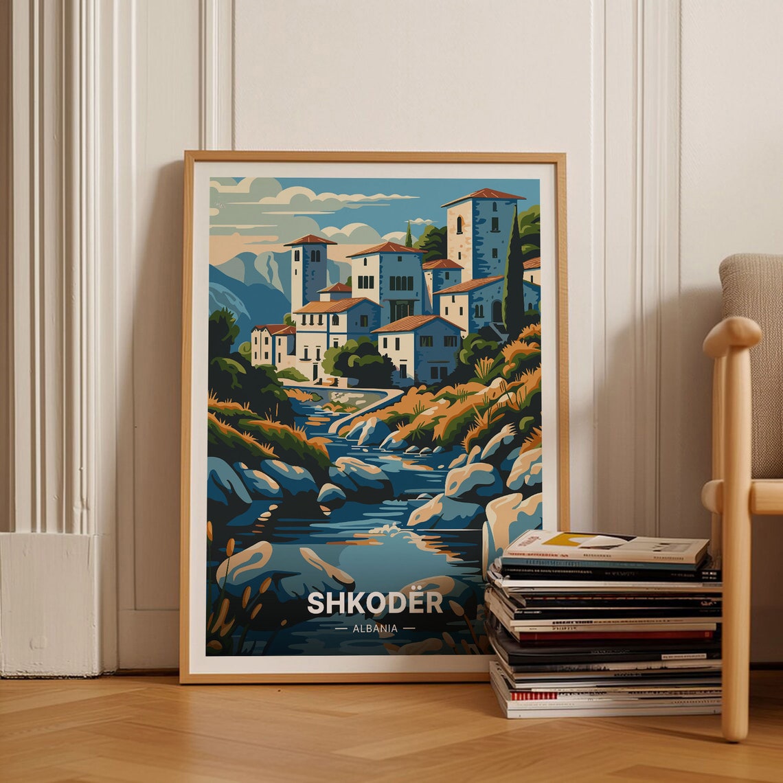 Shkodër Albania Old Town Towers Riverside Vintage Travel Poster Art