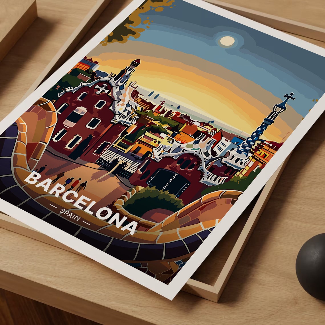 Barcelona Park Guell Vintage Sunset Mosaic Terrace Travel Poster - Image 3