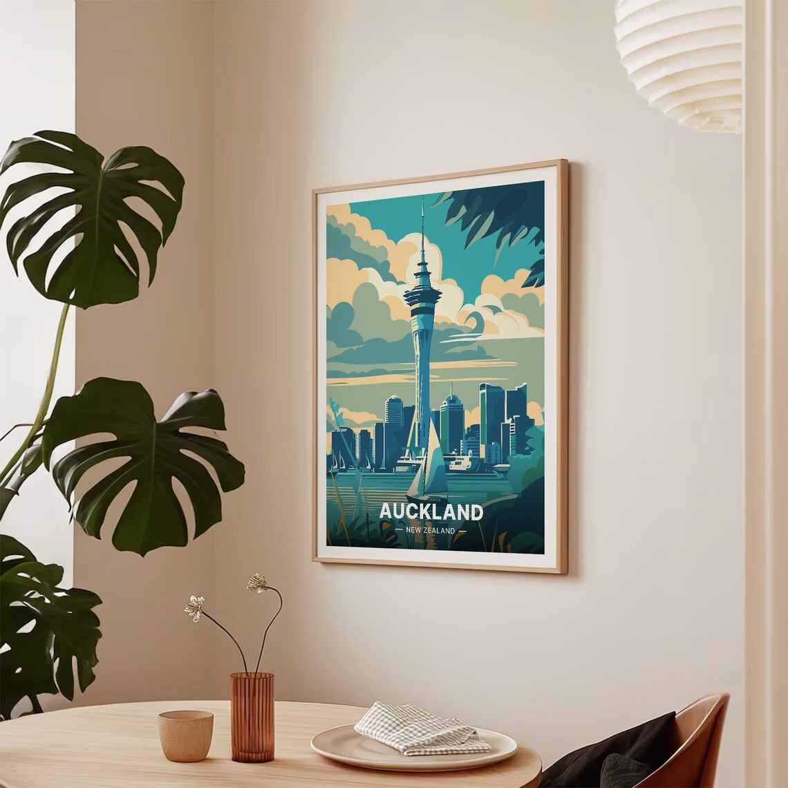 Auckland New Zealand Sky Tower Harbor Sailboats Travel Poster Art - Image 2