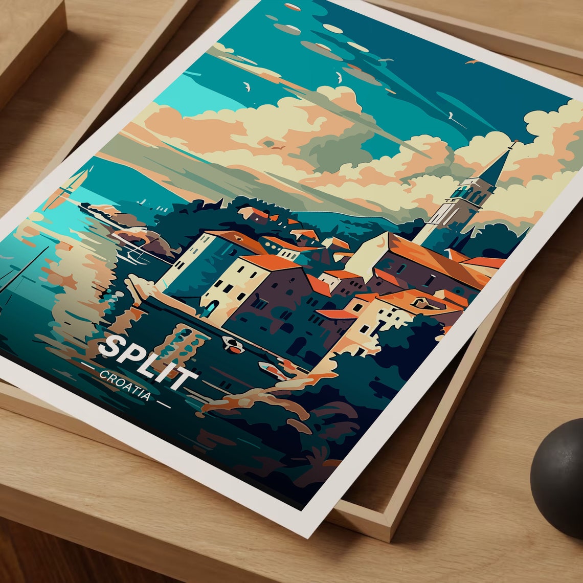 Split Croatia Old Town Harbor Golden Hour Retro Travel Poster - Image 3