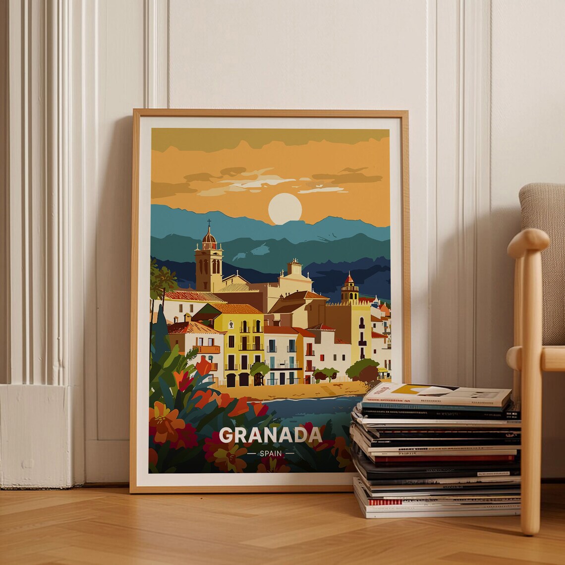 Granada Spain Old Town Sunset Mountains Vintage Travel Poster