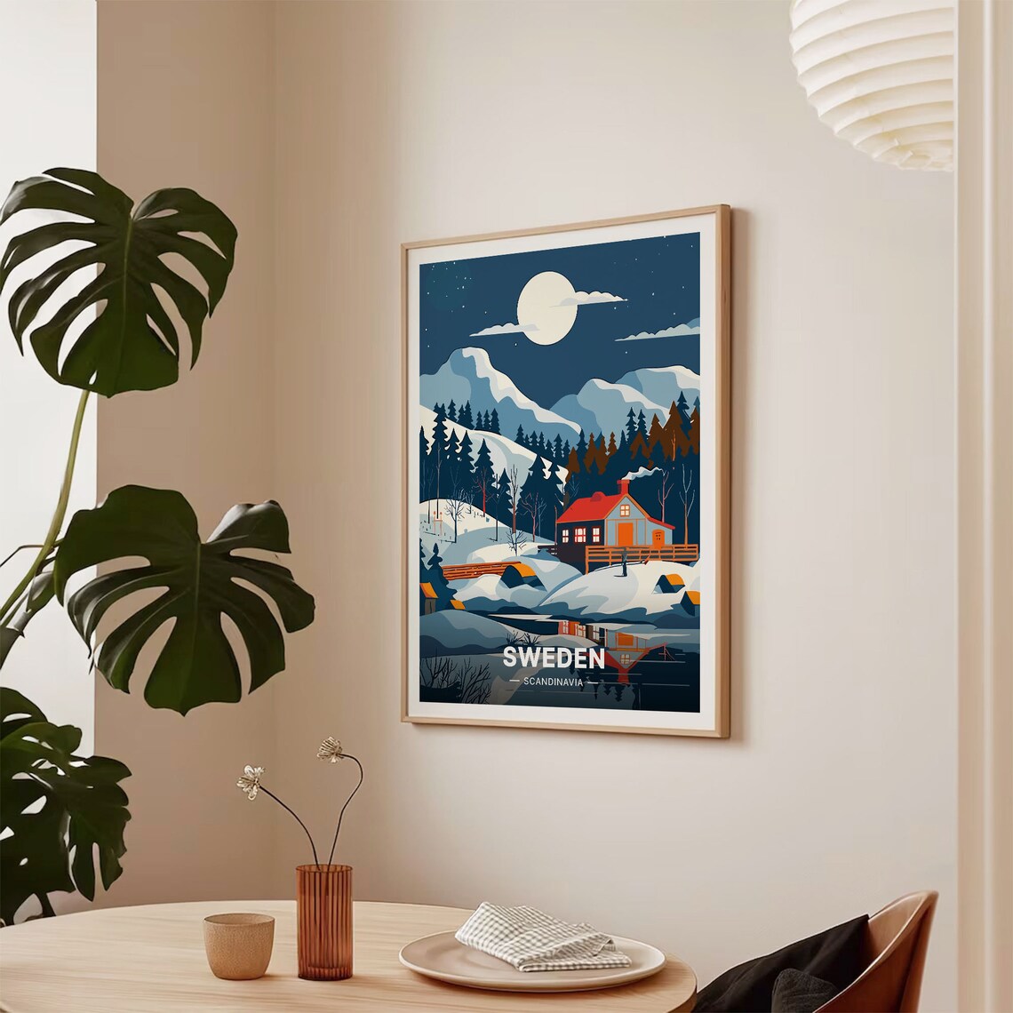 Sweden Scandinavia Snowy Cabin Moonlit Night Winter Travel Poster - Image 2