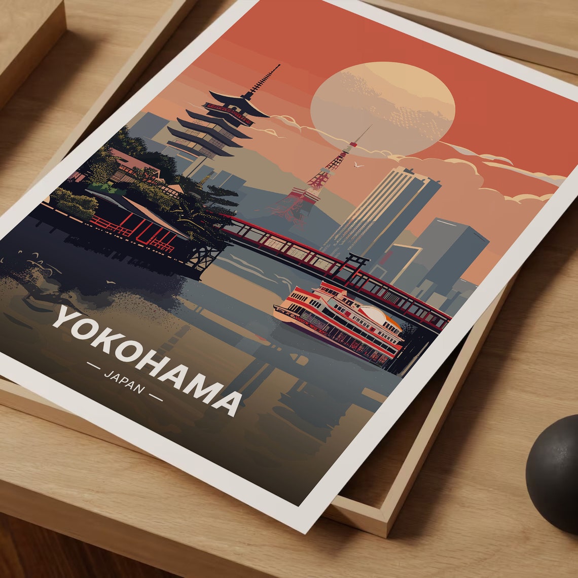 Yokohama Japan Sunset Pagoda Tower Bridge Riverboat Skyline Poster - Image 3