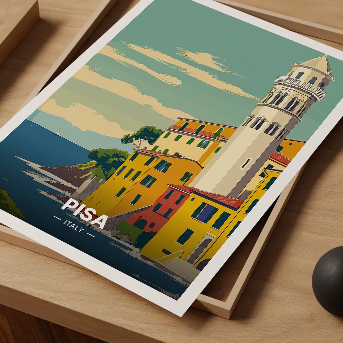 Pisa Italy Coastal Tower Colorful Old Town Sea View Travel Poster - Image 3