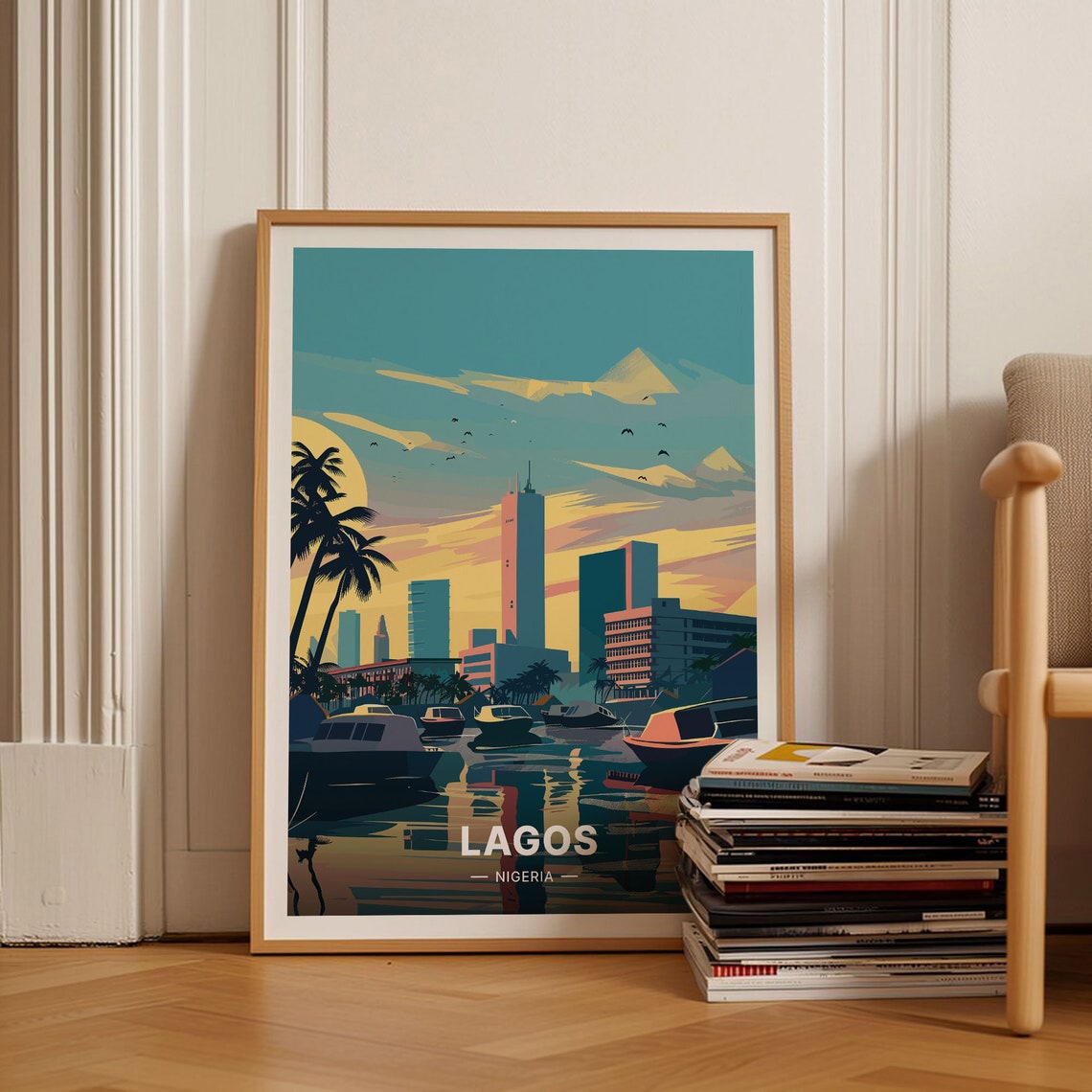 Lagos Nigeria Marina Skyline Sunset Vintage City Travel Poster