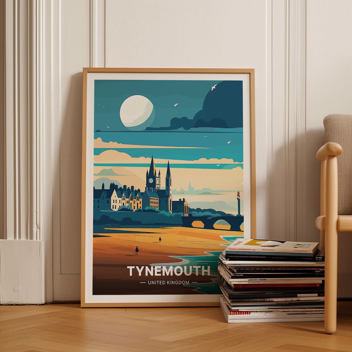 Tynemouth United Kingdom Travel Poster Moonlit Beach Pier Church Art