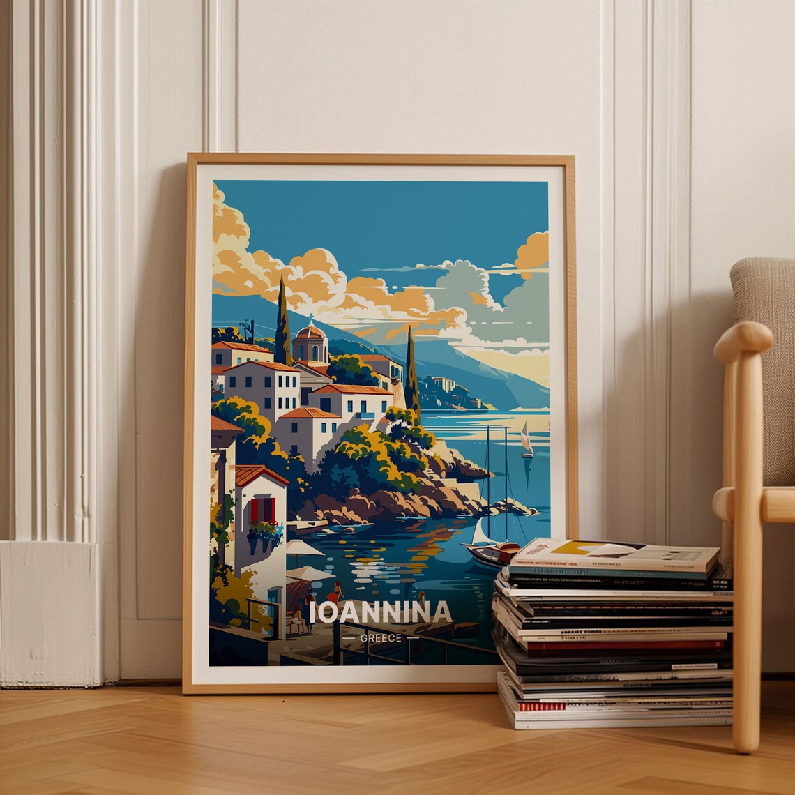 Ioannina Greece Travel Poster Greek Coastal Town Vintage Illustration