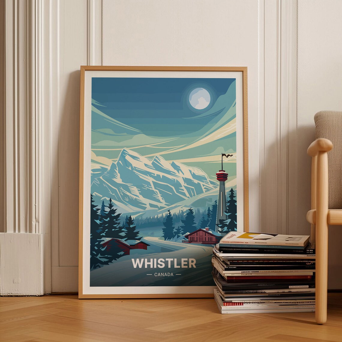 Whistler Canada Ski Mountain Moonlit Peak Village Lights Travel Poster