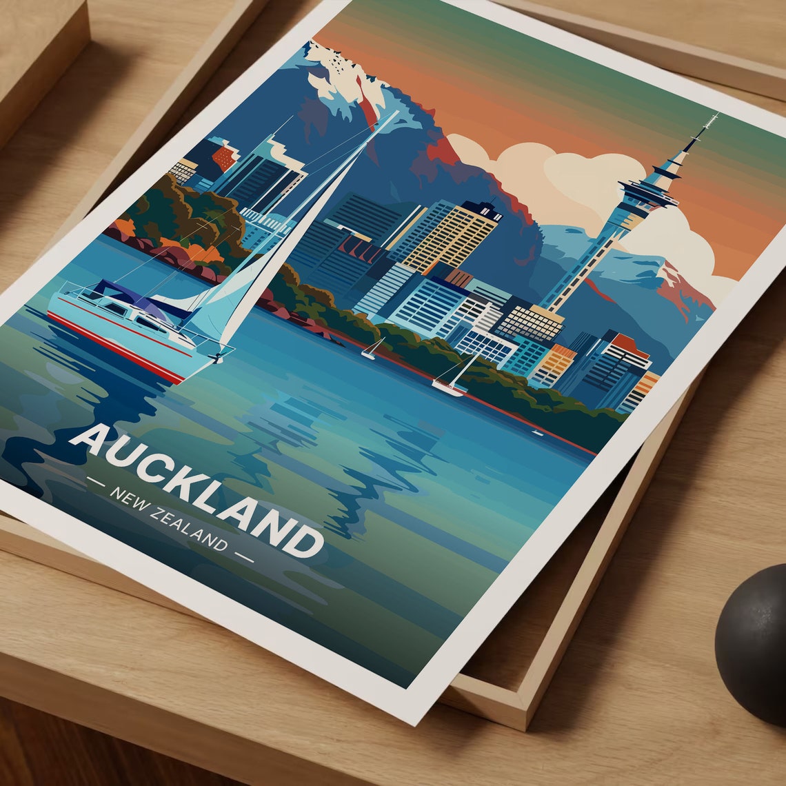 Auckland New Zealand Sky Tower Sparkling Harbor Retro Travel Poster - Image 3