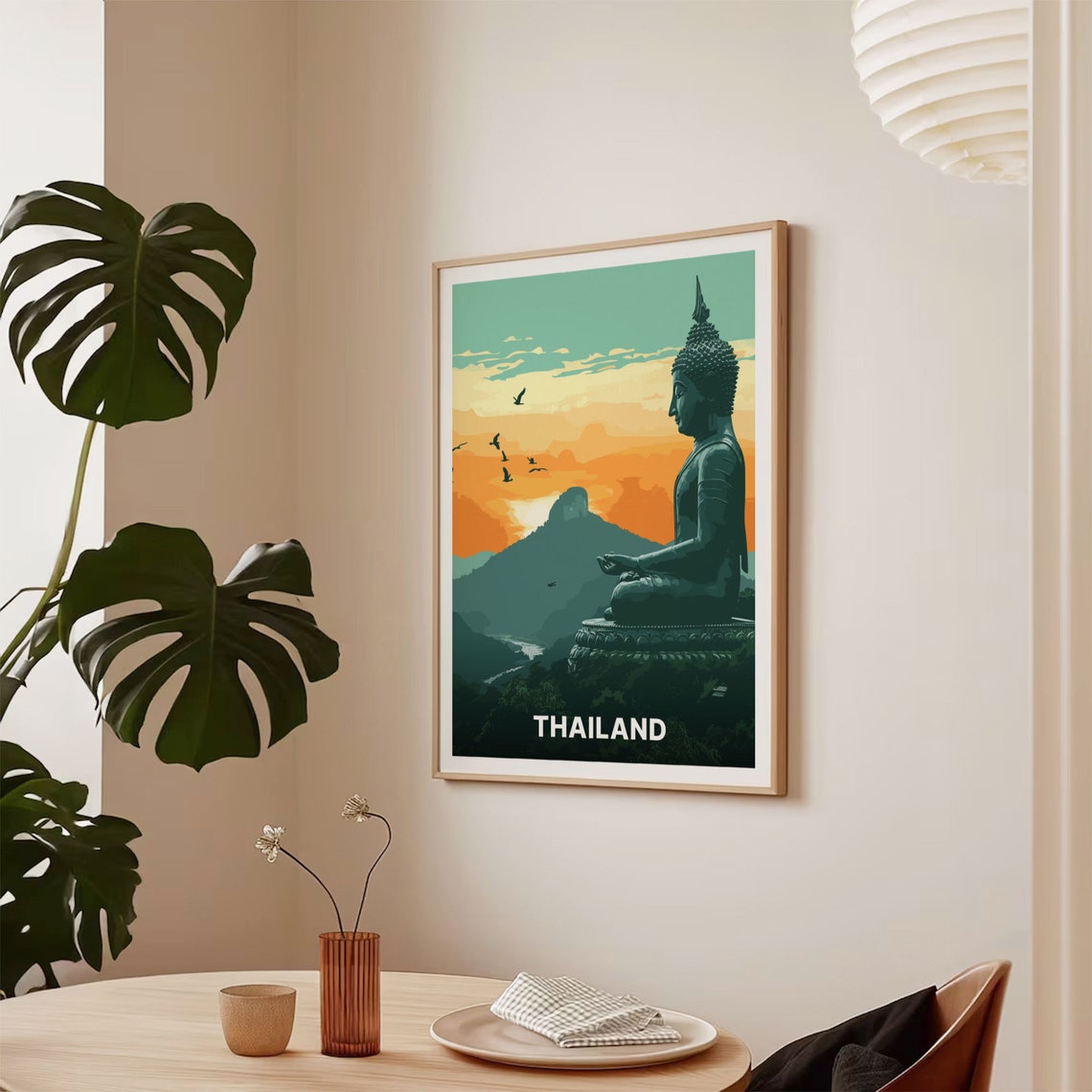 Thailand Travel Poster Meditating Buddha Statue Sunset Mountain Art - Image 2