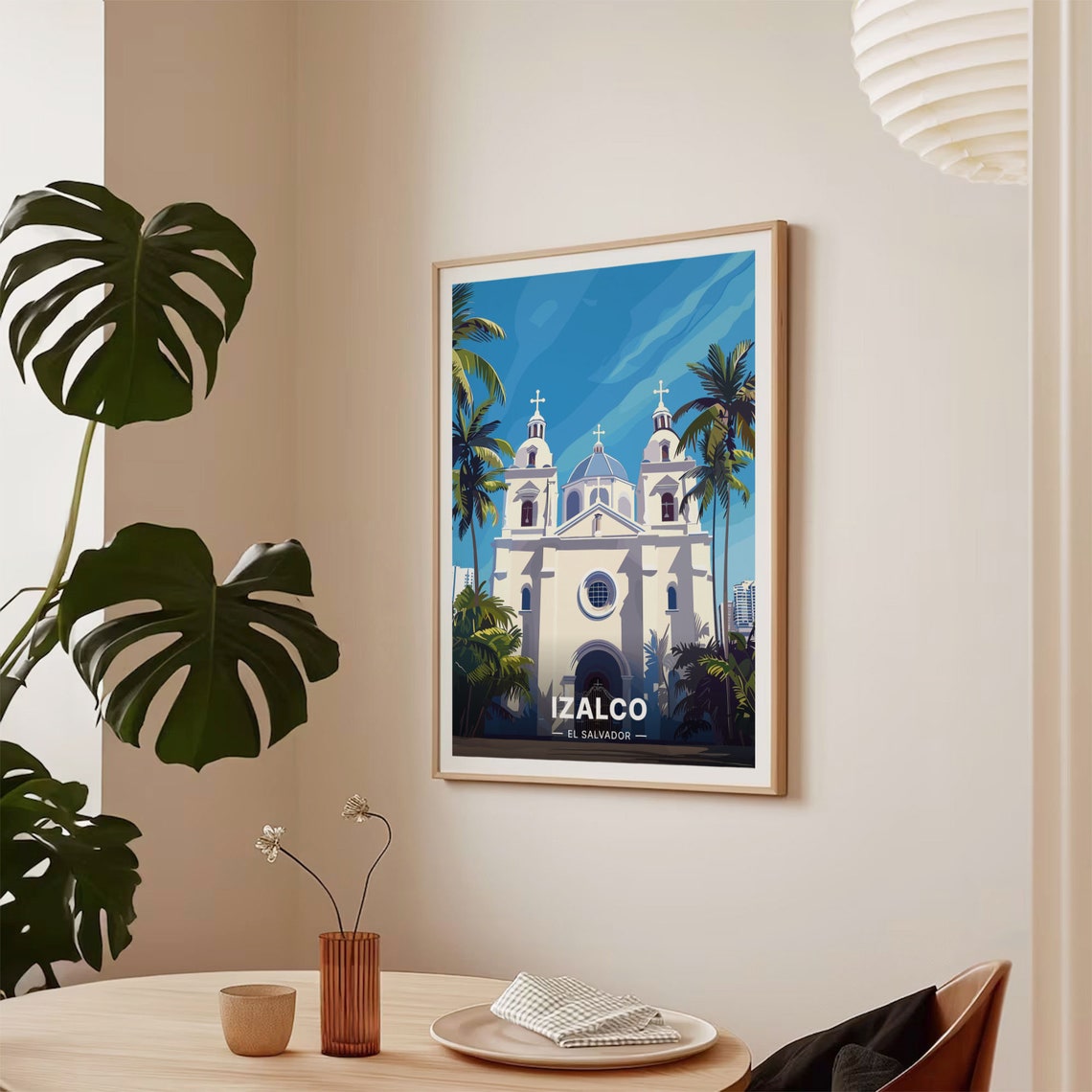 Izalco El Salvador Colonial Church Palm Trees City Landmark Poster - Image 2
