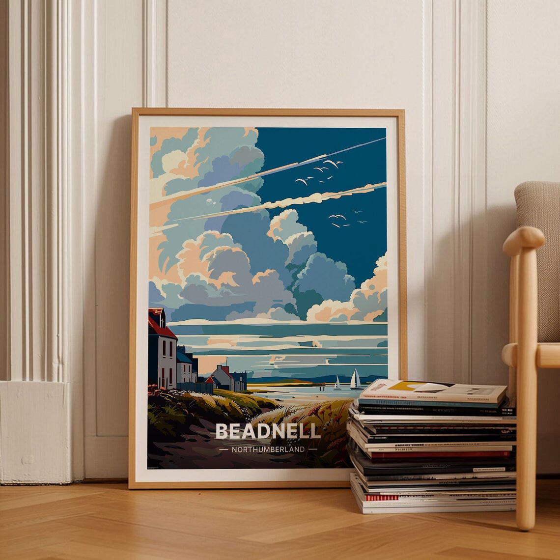 Beadnell Northumberland Sailboats Dramatic Sky Coastal Village Poster
