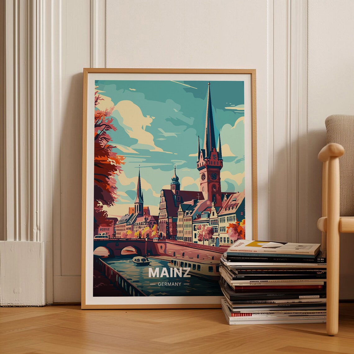 Mainz Germany Red Cathedral Tower Rhine River Bridge Travel Poster