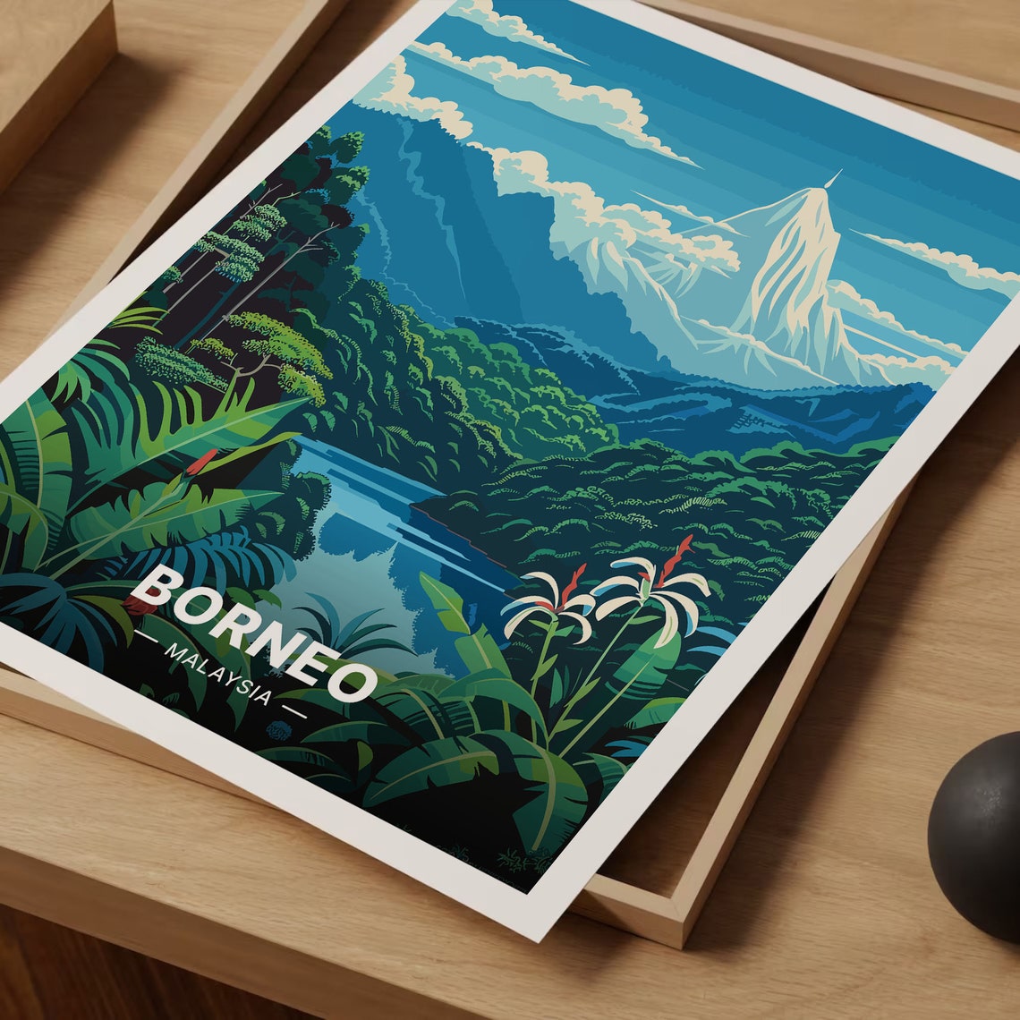 Borneo Malaysia Rainforest River Snow Capped Peak Jungle Travel Poster - Image 3