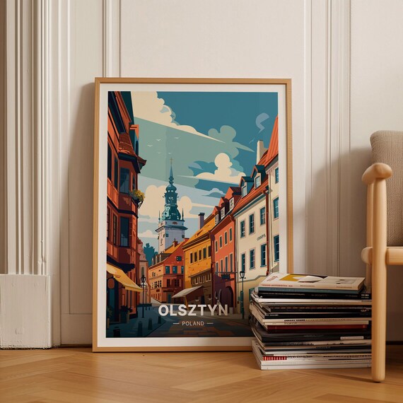 Olsztyn Poland Travel Poster Old Town Street Tower Historic Art