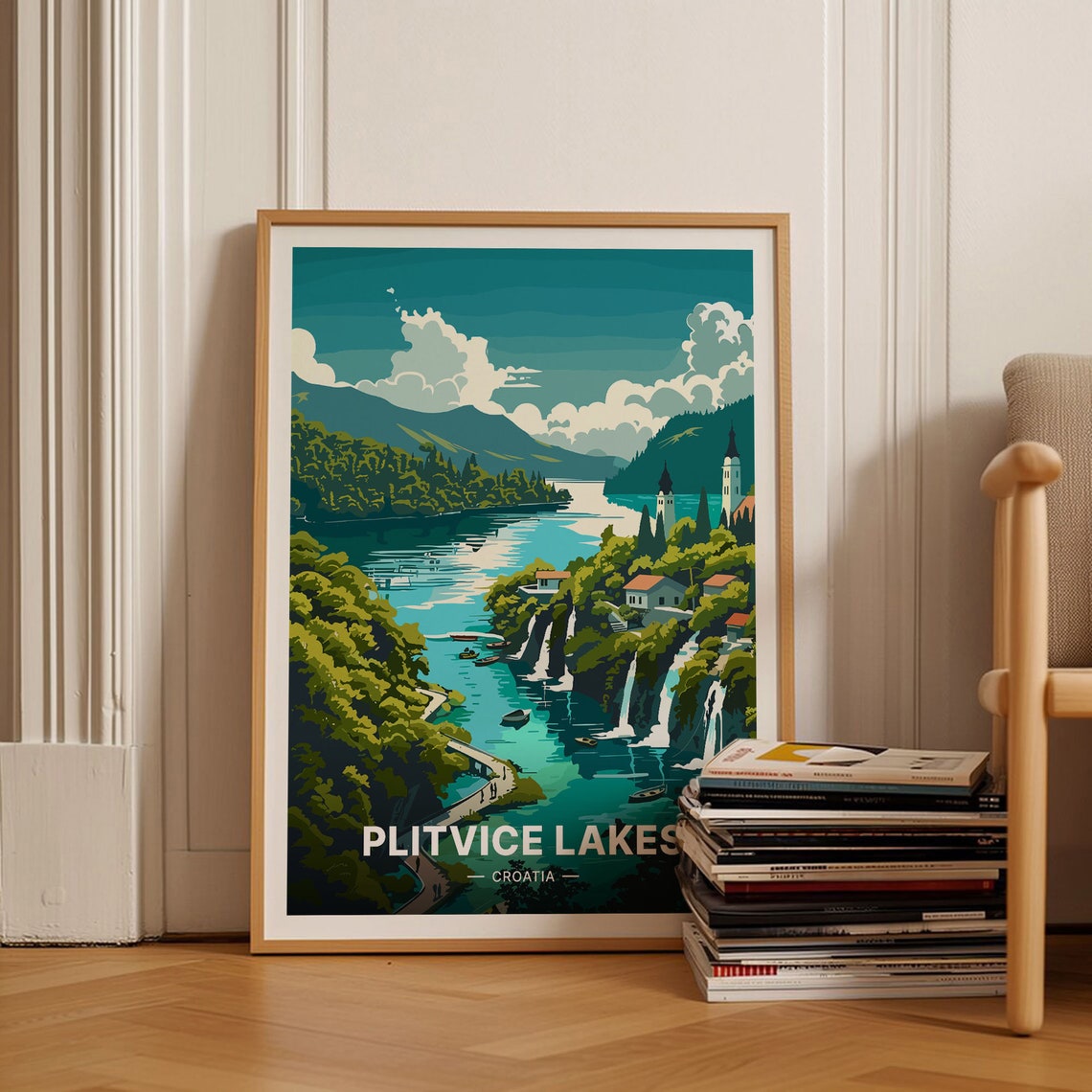 Plitvice Lakes Croatia Waterfalls Retro Illustrated Travel Poster