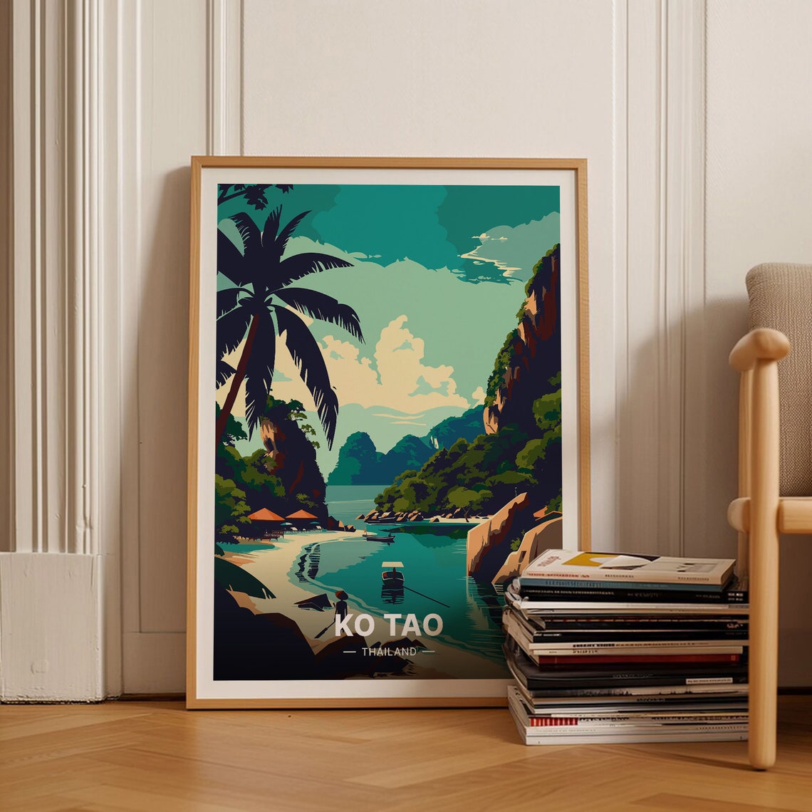 Ko Tao Thailand Travel Poster Tropical Cove Longtail Boat Beach Art