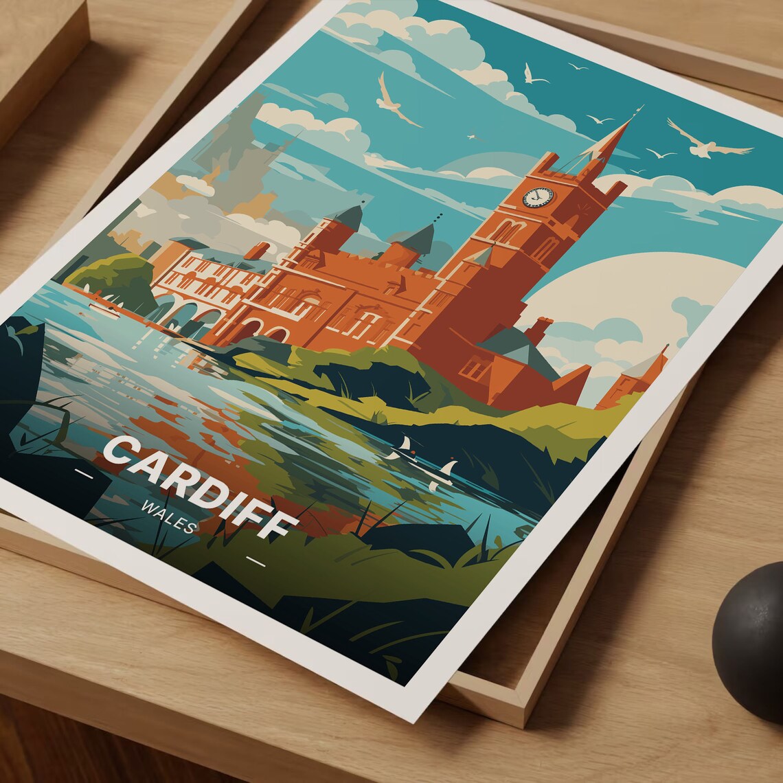 Cardiff Wales Red Castle Water Swans Retro Vintage Travel Poster - Image 3