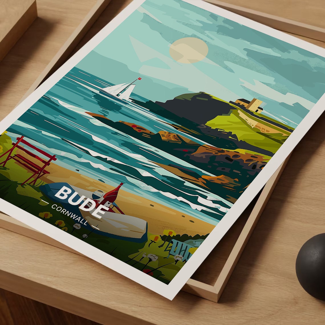 Bude Cornwall Poster Sea Cliffs Sailboat Beach Coast Scenic Art - Image 3