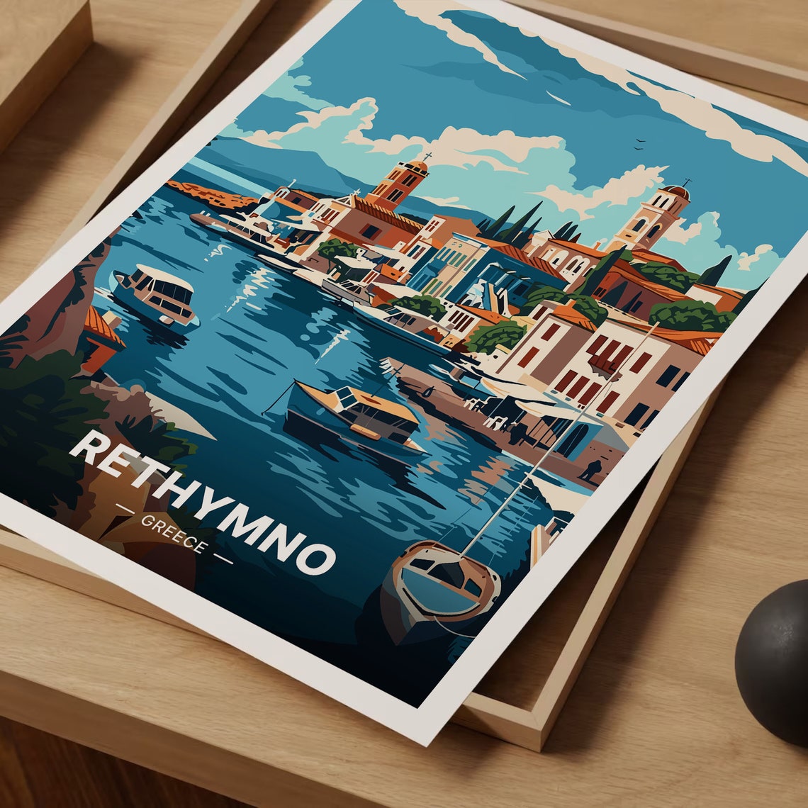 Rethymno Greece Harbor Church Towers Boats Old Town Scene Poster - Image 3