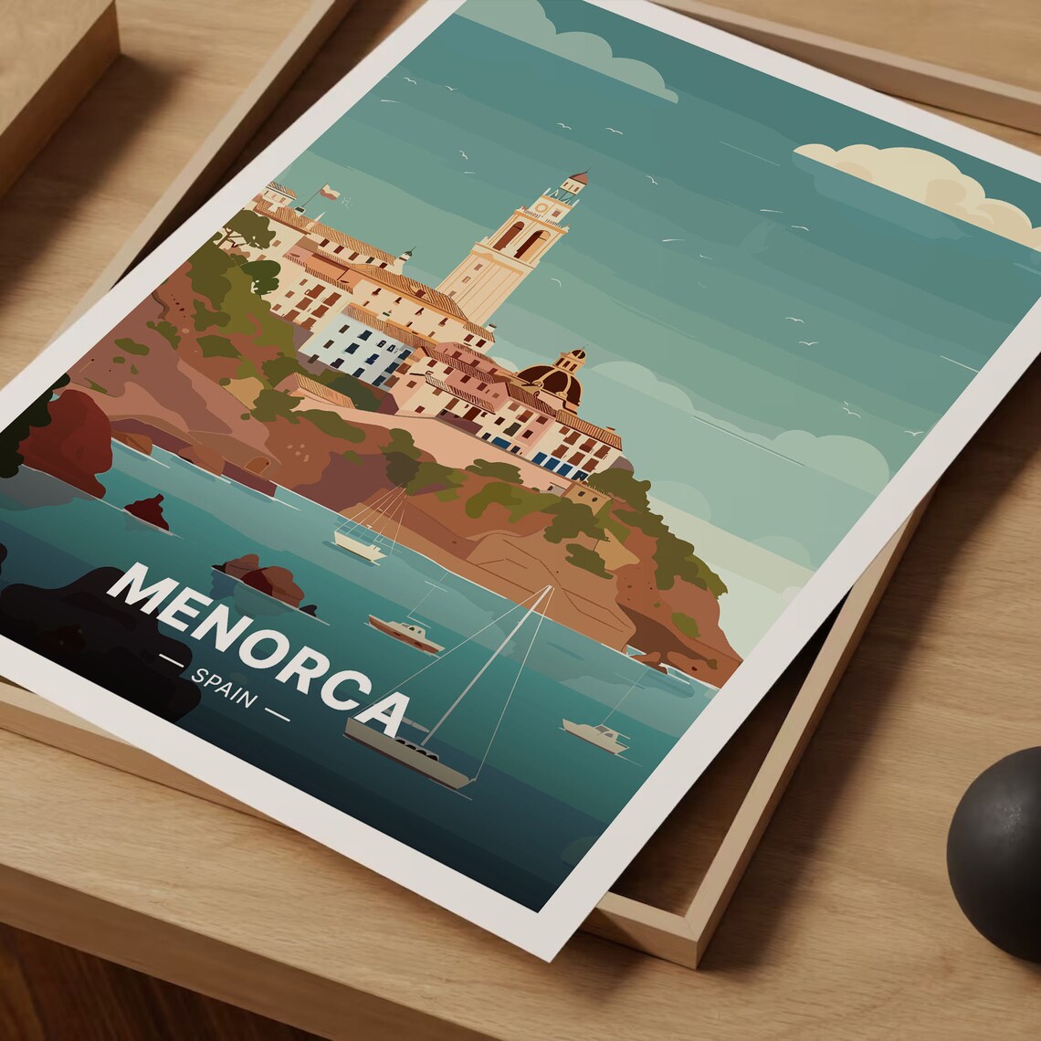 Menorca Spain Coastal Town Vintage Travel Poster Balearic Harbor Scene - Image 3