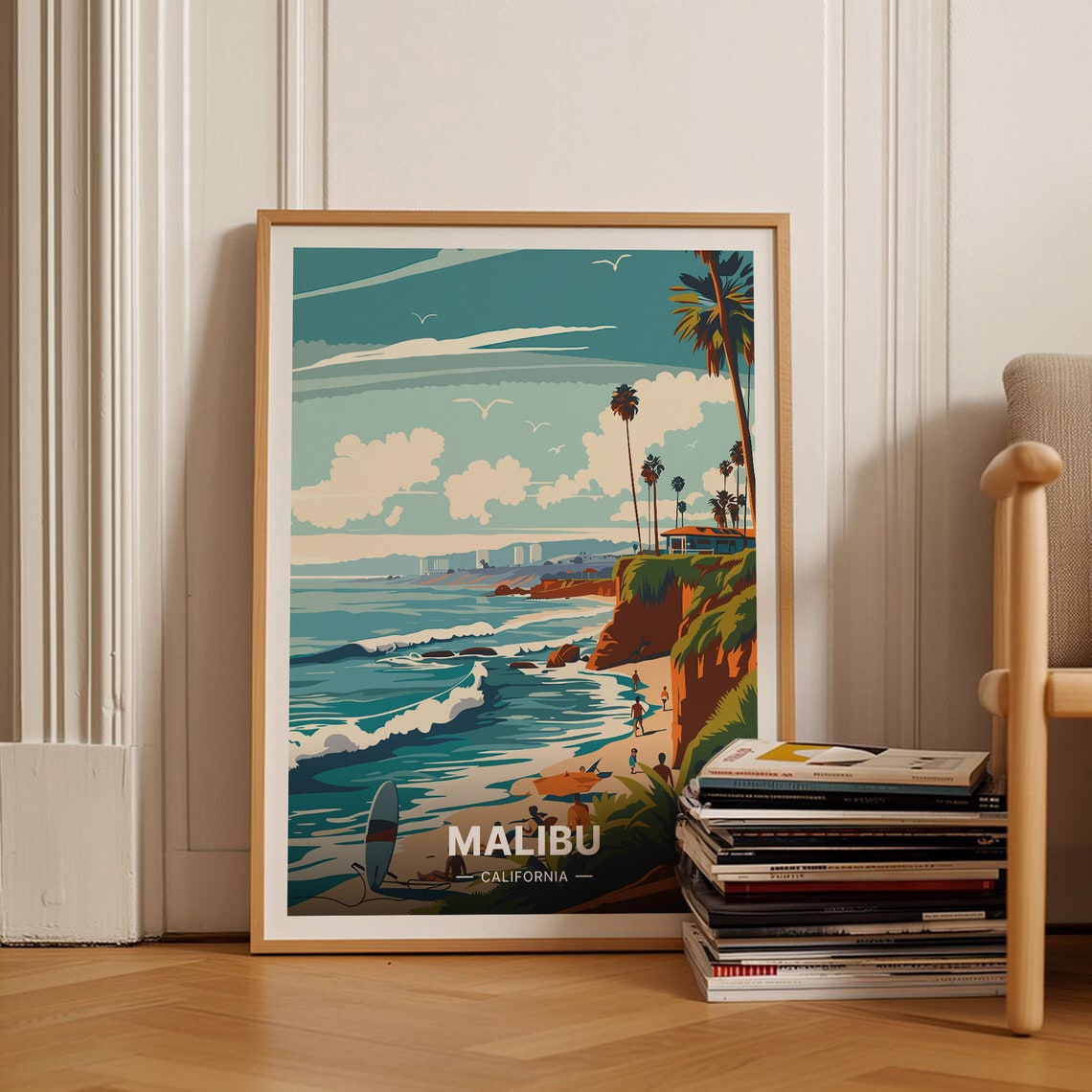 Malibu California Surf Waves Palm Cliffs Vintage Beach Scene Poster