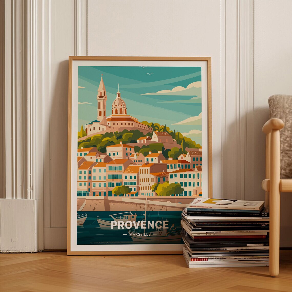 Provence Marseille France Basilica Hill Harbor Cityscape Travel Poster