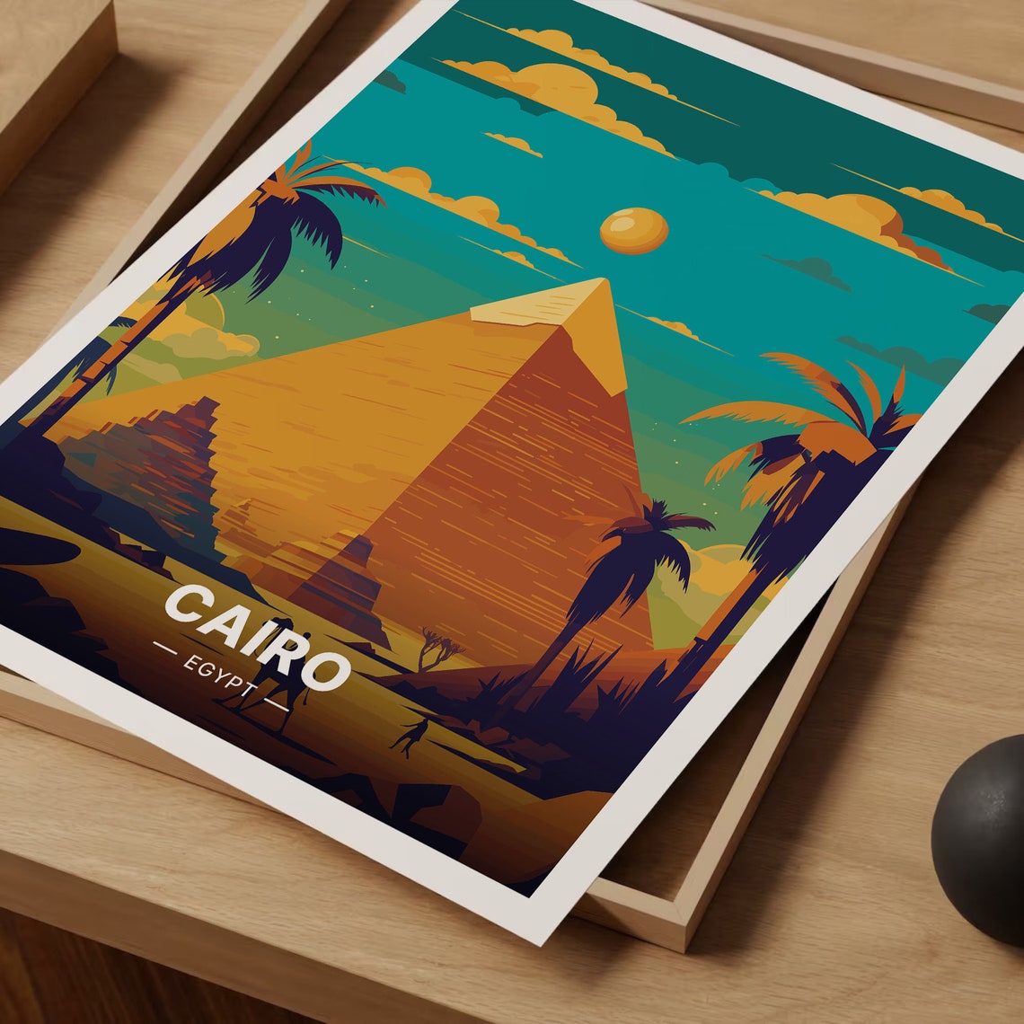 Cairo Egypt Travel Poster Pyramids of Giza Palm Trees Desert Art - Image 3