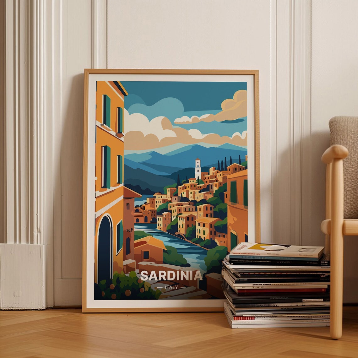 Sardinia Italy Mediterranean Scenic Hilltop Village Travel Poster