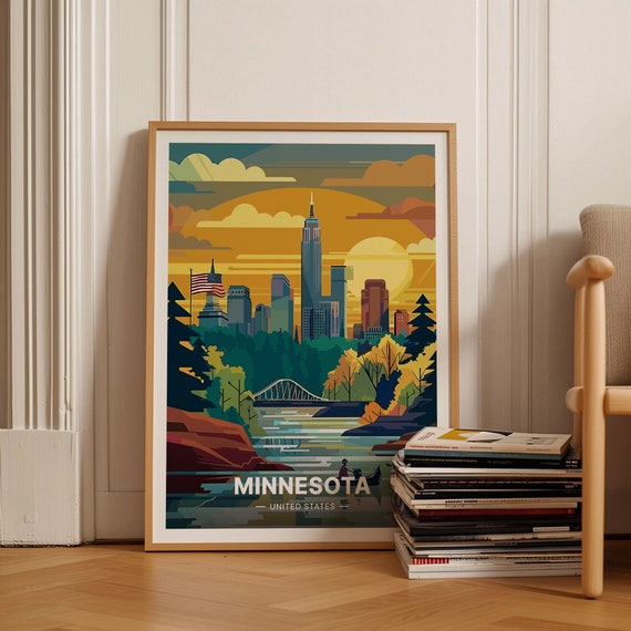 Minnesota Skyline Sunset River Bridge City Lights Golden Travel Poster