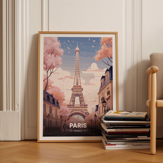 Paris France Eiffel Tower Spring Blossom Street Vintage Poster