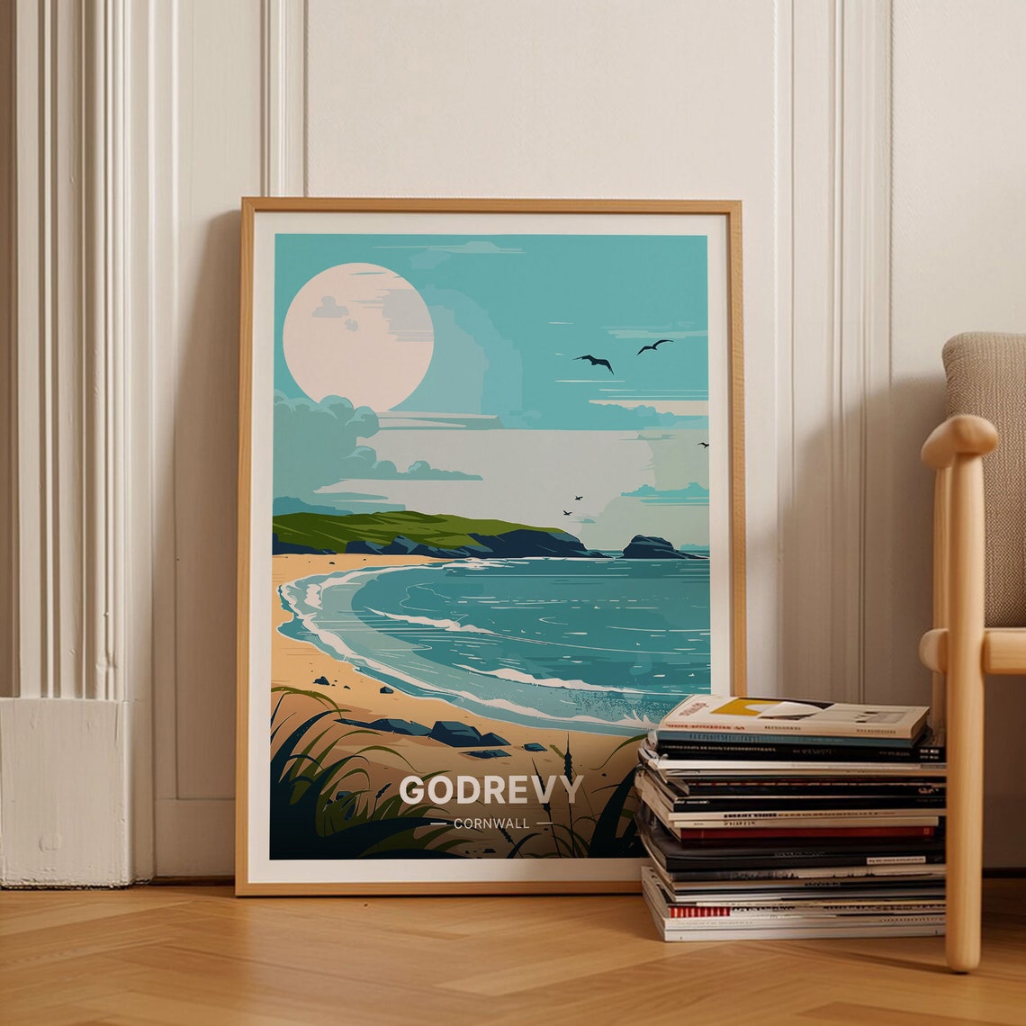 Godrevy Cornwall Moonlit Sandy Beach Waves Retro Travel Poster