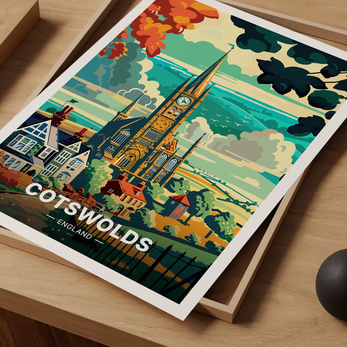 Cotswolds England Travel Poster Village Church Rolling Hills Art - Image 3